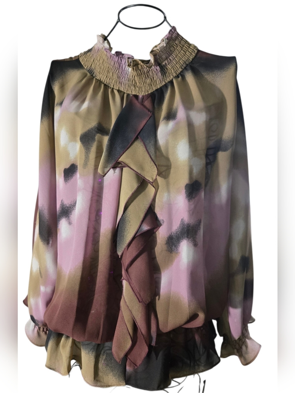 Violet & Claire Pink and Olive Ruffle-Front Smocked Blouse Size XL
